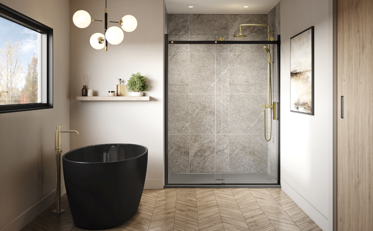 Bathroom with black free standing bathtub and gold faucets