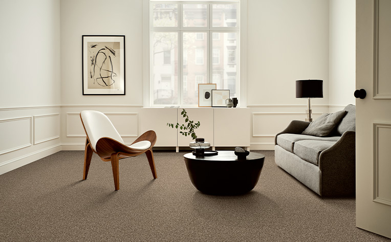 living room with black couch