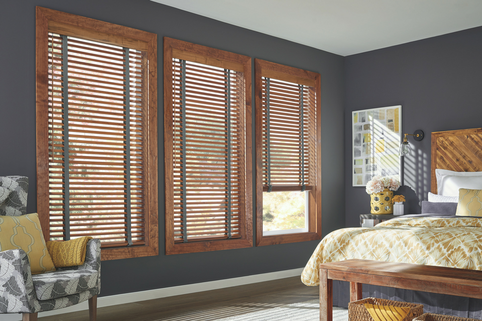 Graber wooden blinds in a Rogue Valley bedroom 